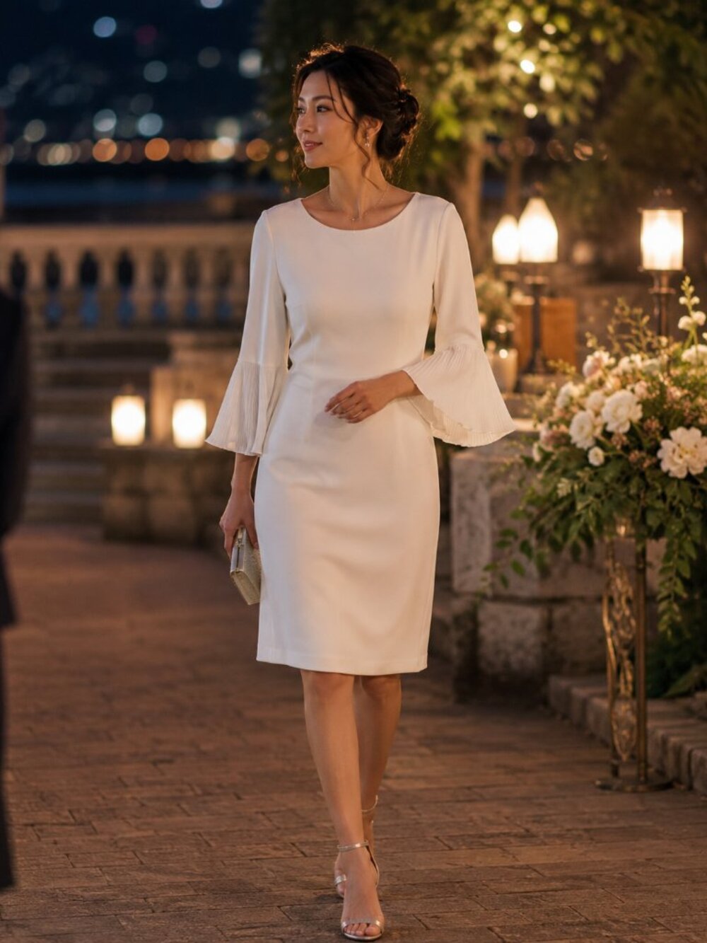Calvin Klein Womens Sz 14 Ivory Stretch Crepe Sheath Dress Bell Sleeve